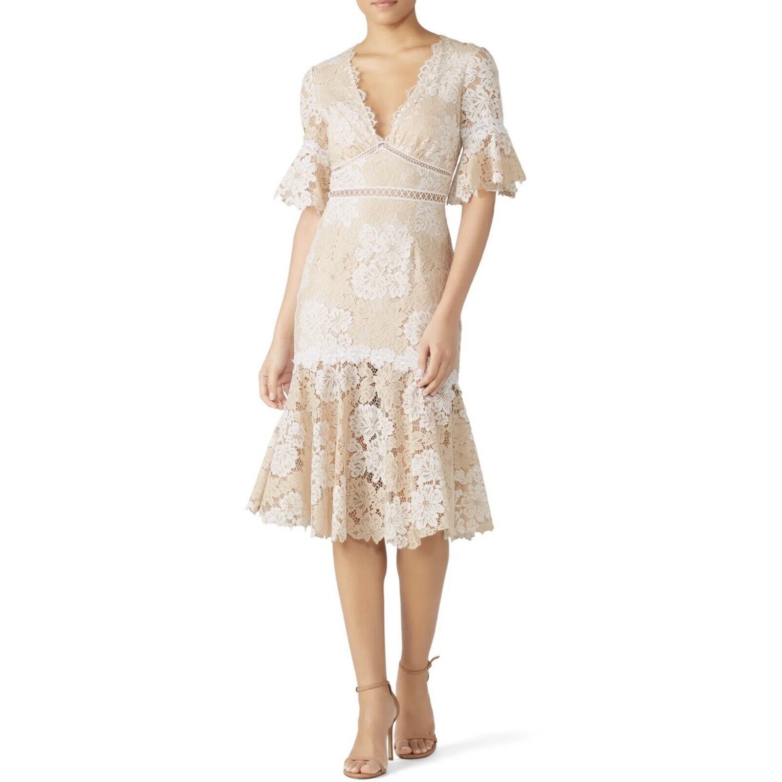 Saylor Maggy Cream Flared Hemline Short Sleeve V-Neck Lace Dress Medium